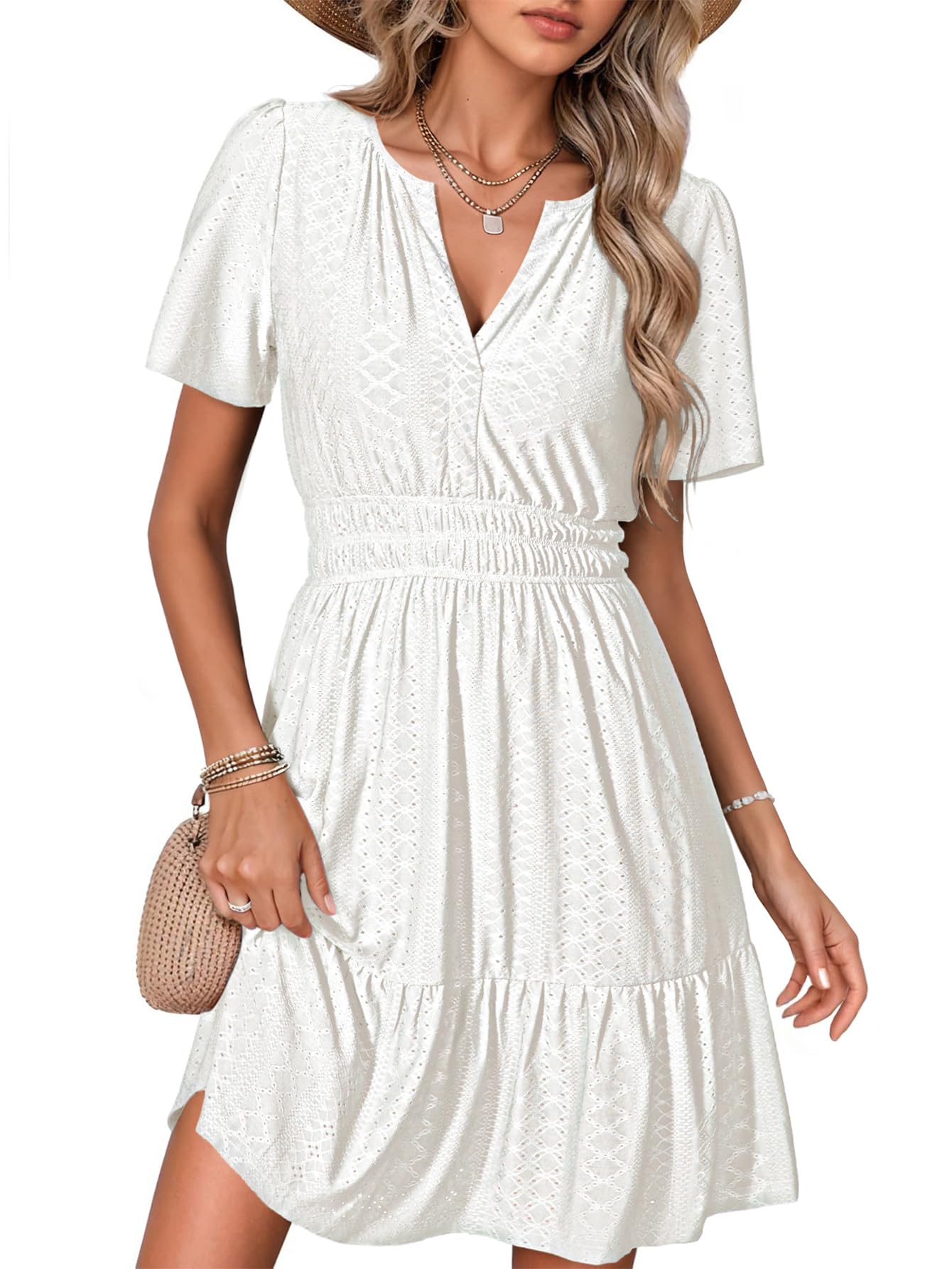 Simplee Womens 2026 Summer Mini Dress Eyelet Short Sleeve Cocktail Short Dresses