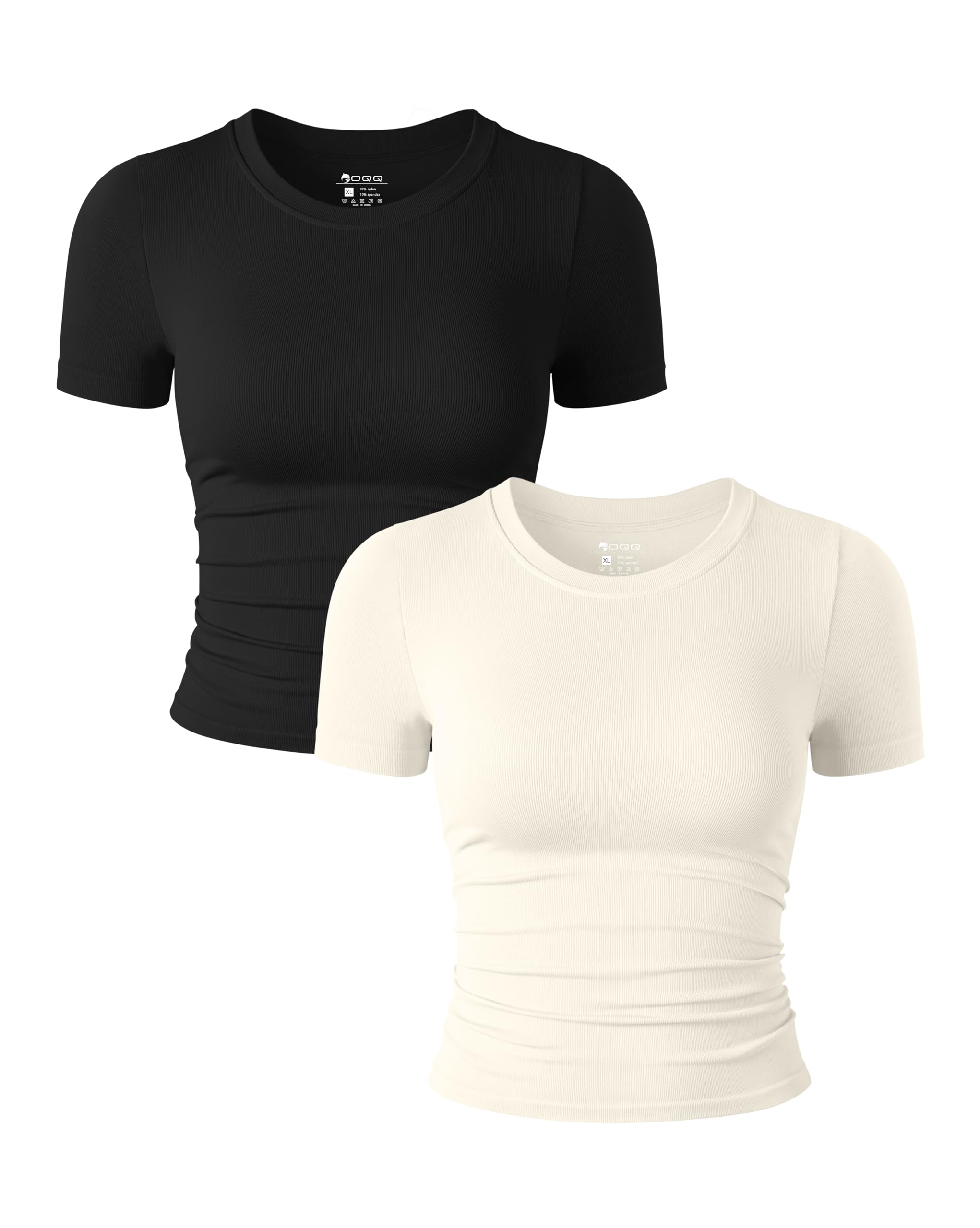 OQQ Set of 2 Women's T-Shirt Short Sleeve Round Neck Tops Summer Elastic Fitted 
