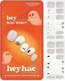 Heyhae Semi Cured Gel Nail Strips - Hey, Boo Who? | Halloween | Sun Cured No UV Light Needed, Salon Quality, Easy Apply & Remove | 28 Strips, Prep Pad, Nail File, Wooden Stick