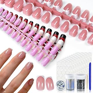 240pcs 10 Pack Short Press Nails, Mixed Color Glossy Red Purple False Nails Salon Pre-Designed Nude Red French Nail Art Tips Daily Nail Gifts Women Girls with Adhesive Tab