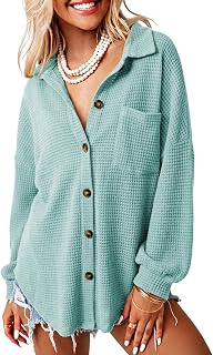 Dokotoo Womens Waffle Knit Shacket Jacket Casual Button Down Shirts Tops