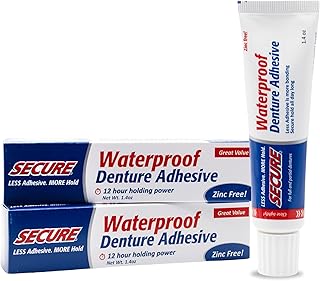 Secure Denture Adhesive Cream, Zinc Free Denture Glue, 1.4 oz, 2 Pack | Waterproof Seal - Food Grade Ingredients - Less Adhesive, More Hold - Tube Lasts Up to 8 Weeks