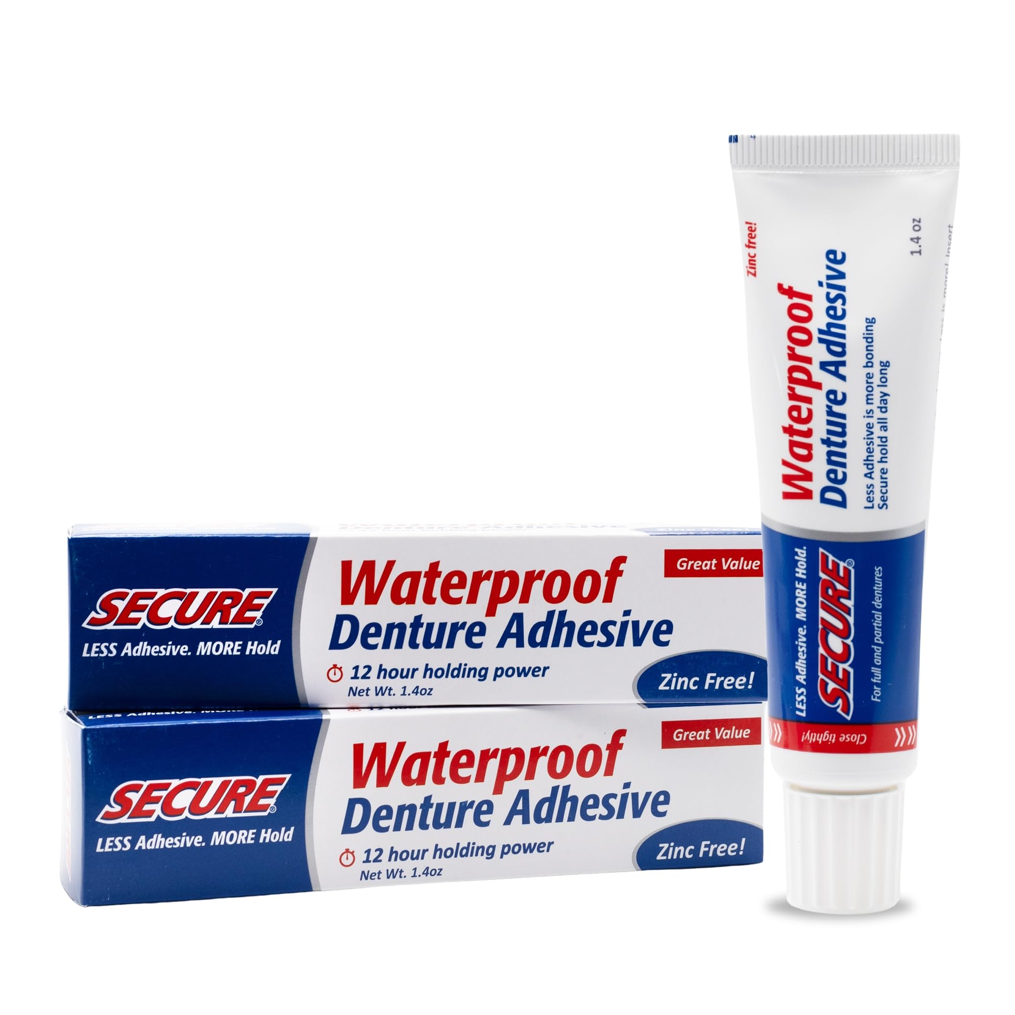 Secure Denture Adhesive Cream, Zinc Free Denture Glue, 1.4 oz, 2 Pack | Waterpro