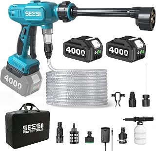 SEESII Cordless Pressure Washer 1500PSI, Portable Power Washer | High Pressure, 2x4000mAh Batteries, Brushless Motor, 27FT Hose & 6-in-1 Nozzle for Car, Driveway, Garden, Patio & Fence