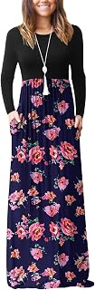 DEARCASE Maxi Dress for Women Pink Floral Navy Blue Small Round Neck Boho Long Sleeves Teacher A-line Casual Hawaiian Empire Waist Flowy Vintage Spring Fall Winter Floor Dresses with Pocket