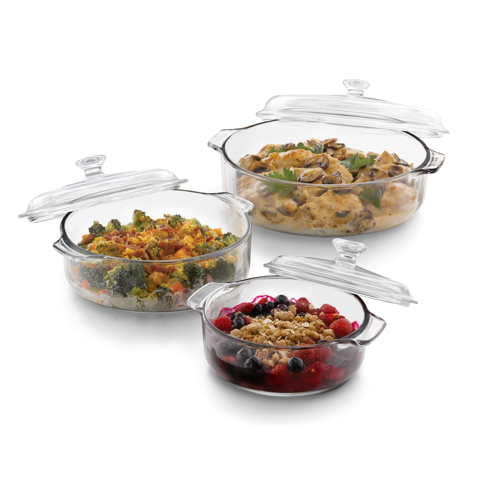 Libbey Baker's Basics Glass Casserole Dish Set with Covers, 3-Piece | Curved Ped