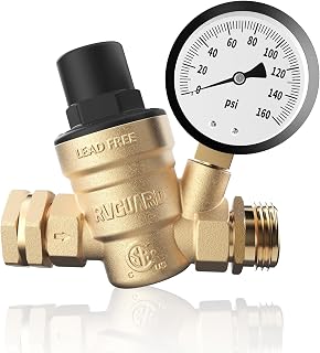 RVGUARD RV Water Pressure Regulator Valve, CSA Approved, Lead-Free Brass | Adjustable Water Pressure Reducer with Gauge, With Inlet Screen Filter, For RV Camper Travel Trailer