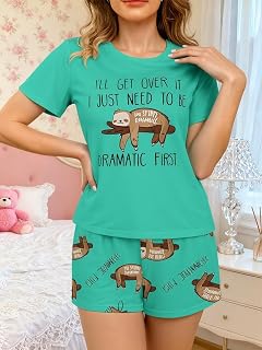 Women's Casual Pajama Set, Short Sleeve Top and Shorts, Soft, Loose and Comfortable Loungewear with Cute Print