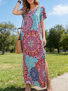 Women's Floral Print Maxi Dress V Neck Casual Short Sleeve with Pockets Long Summer Dresses for Holiday Daily Wear