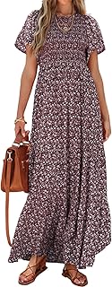 PRETTYGARDEN Smocked Top Summer Dresses for Women 2026 Short Sleeve Floral Maxi Dress for Women Spring Maxi Dress with Ruffle Sleeves for Women Beach and Holiday Women (Pack of 1)