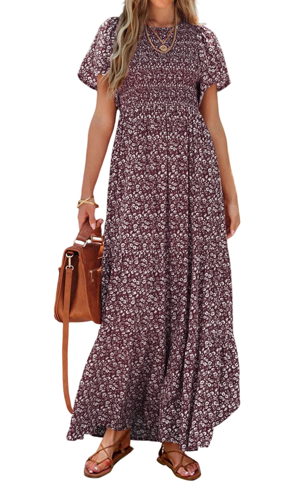 PRETTYGARDEN Smocked Top Summer Dresses for Women 2026 Short Sleeve Floral Maxi 