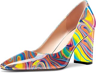 NobleOnly Women's High Chunky Block Heel Square Closed Toe Cap Slip-on Pumps Classic Cute Dress Shoes