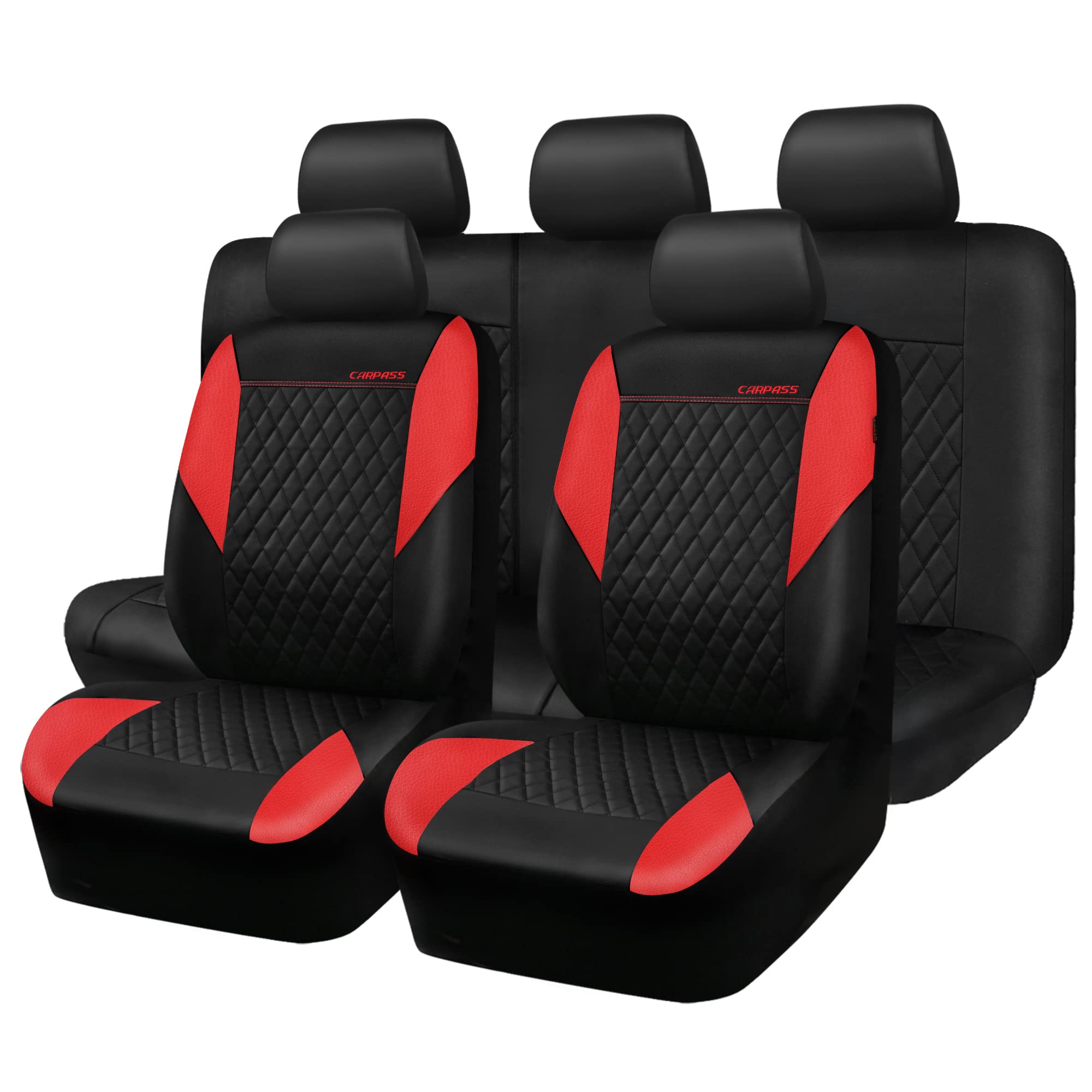 CAR PASS Red Leather Seat Covers Full Set-Universal Quilting Pretty Girly Car Se
