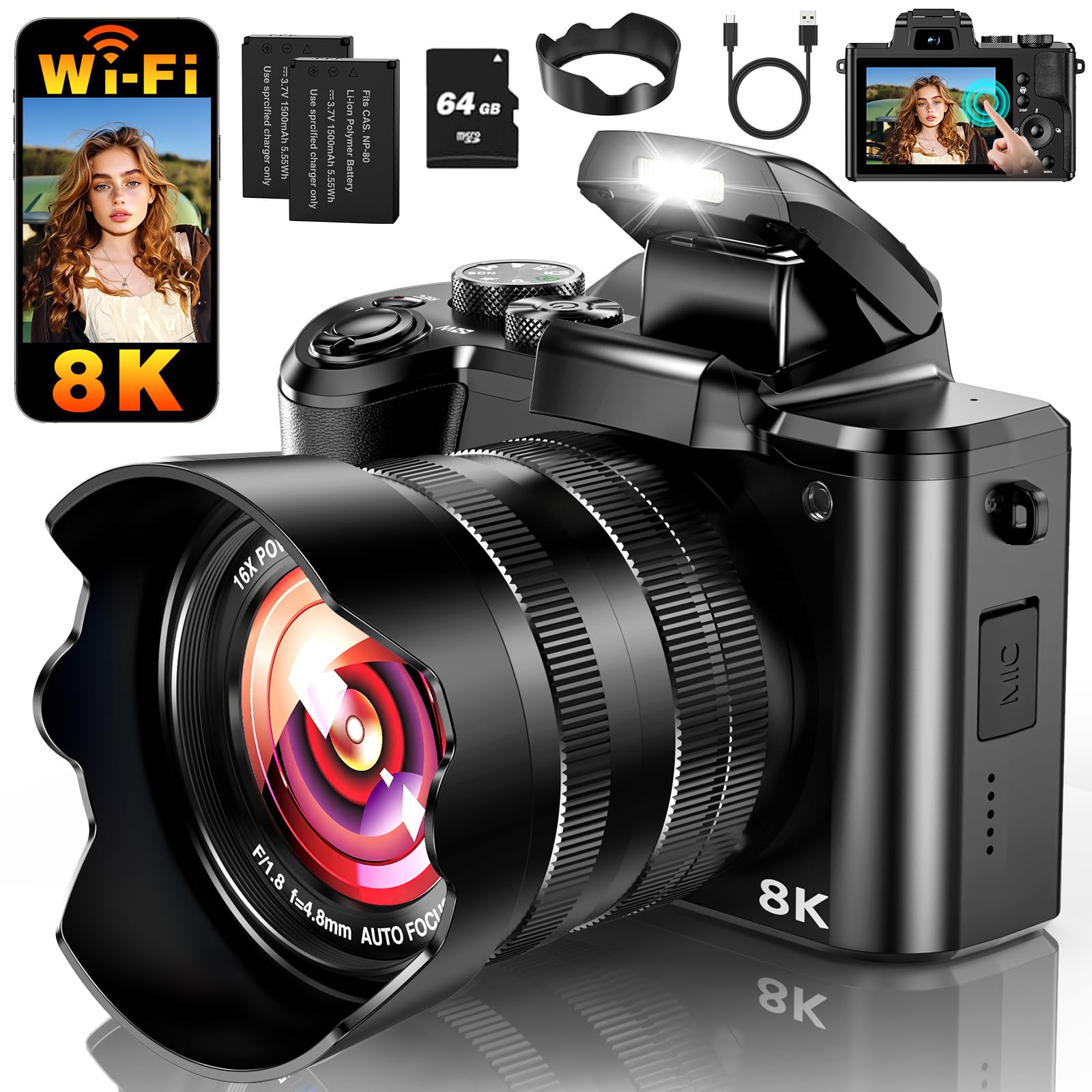 8K Digital Camera, 88MP WiFi Cameras for Photography with 3.2" Touchscreen | 64G