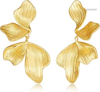 Chunky Flower Earrings for Women 14K Gold Plated Drop Dangle Sectored Leaf Floral Gold Stud Earring Boho Lightweight Statement Jewelry Gifts