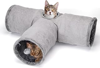 Nobleza 3 Way Collapsible Cat Tunnel Toy, Cat Tunnels in Suede for Indoor Adult Cats, Large Cats Play Tube Tunnel with Suspended Ball Peek Hole Crinkle Sound for Rabbit Kitten, D25*L80*W30cm, Gray
