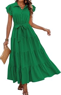dowerme Women Ruffle Sleeve Button Belted Boho Maxi Dress