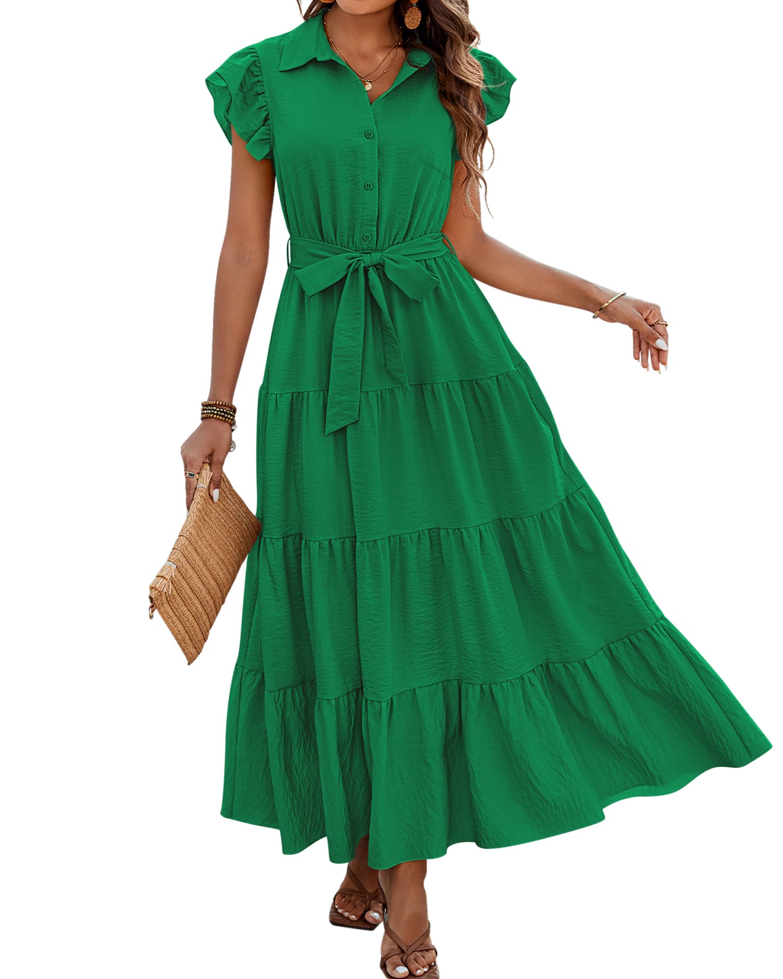 dowerme Women Ruffle Sleeve Button Belted Boho Maxi Dress