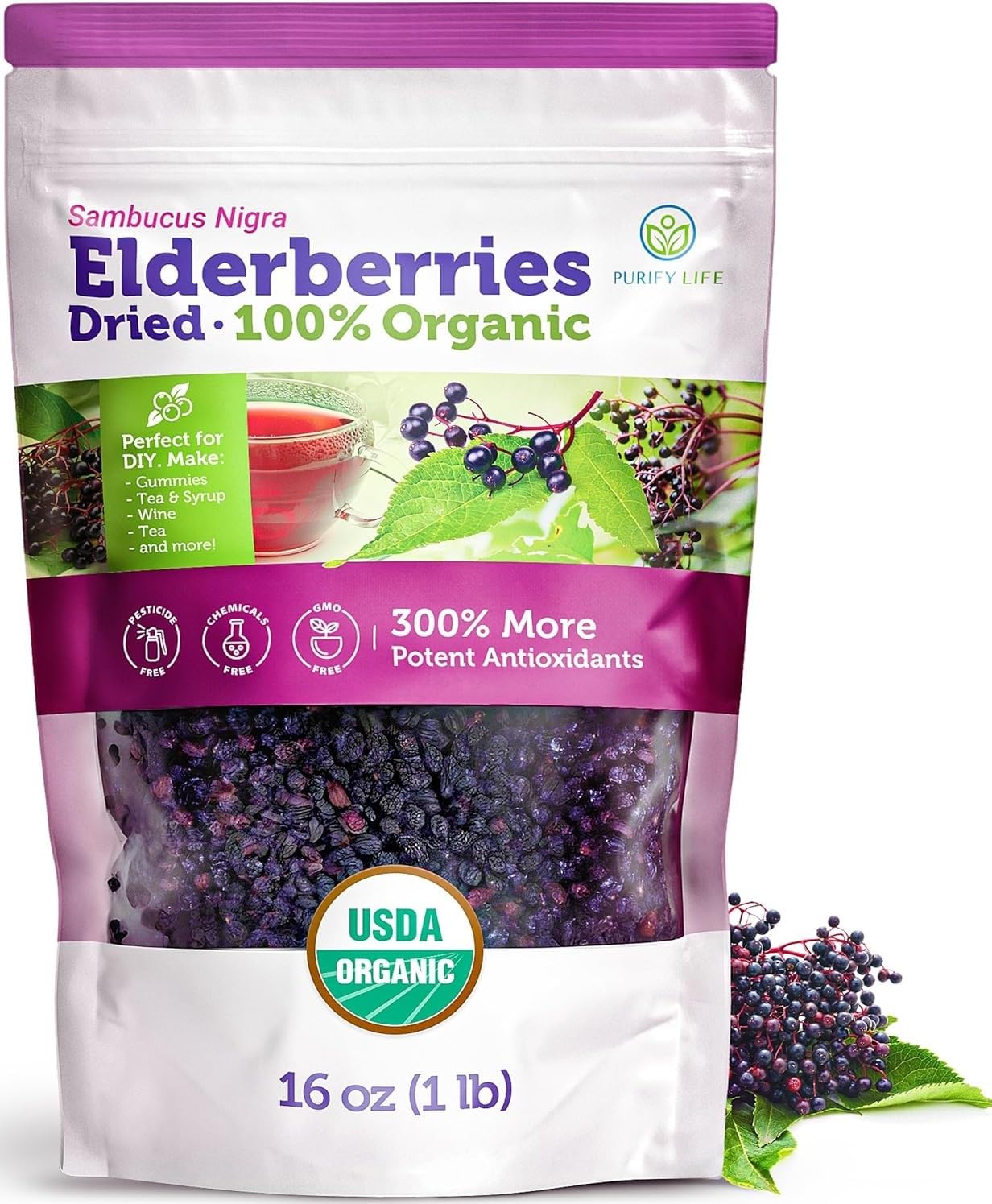 USDA Organic Dried Elderberries 1lb, Whole Black Elderberry Bulk | Non-irradiate