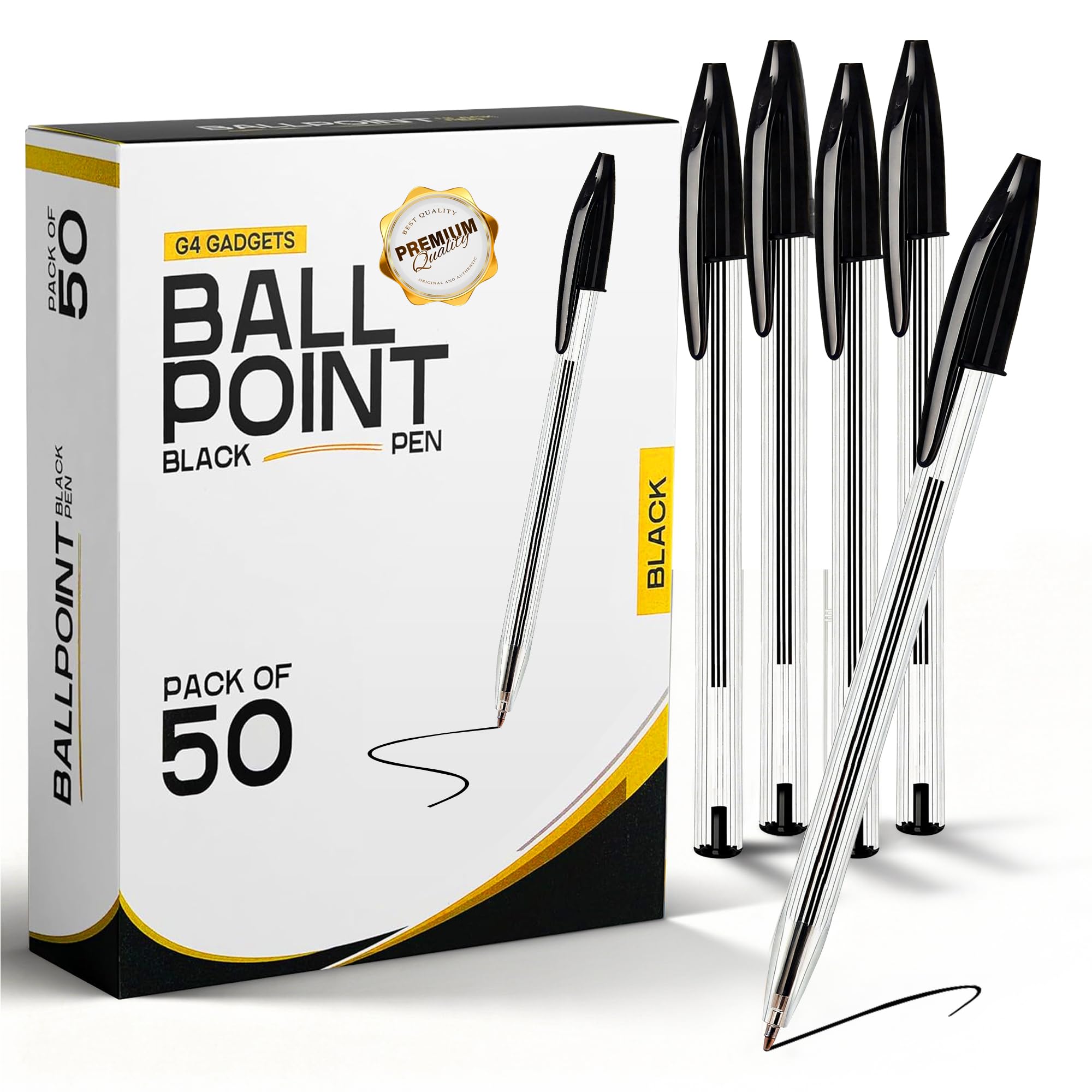 G4GADGET Pack of 50 Black Pens - Medium Tip Fluent Smooth Writing Black Biro Bal