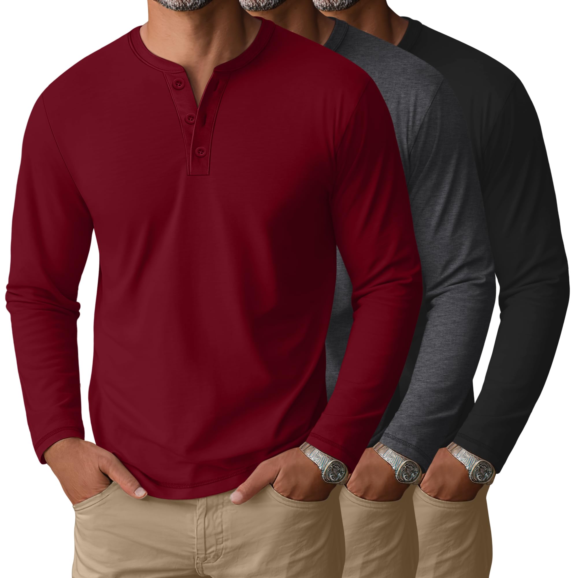 August Alley 3 Pack Men's Big and Tall Long Sleeve Henley Shirts