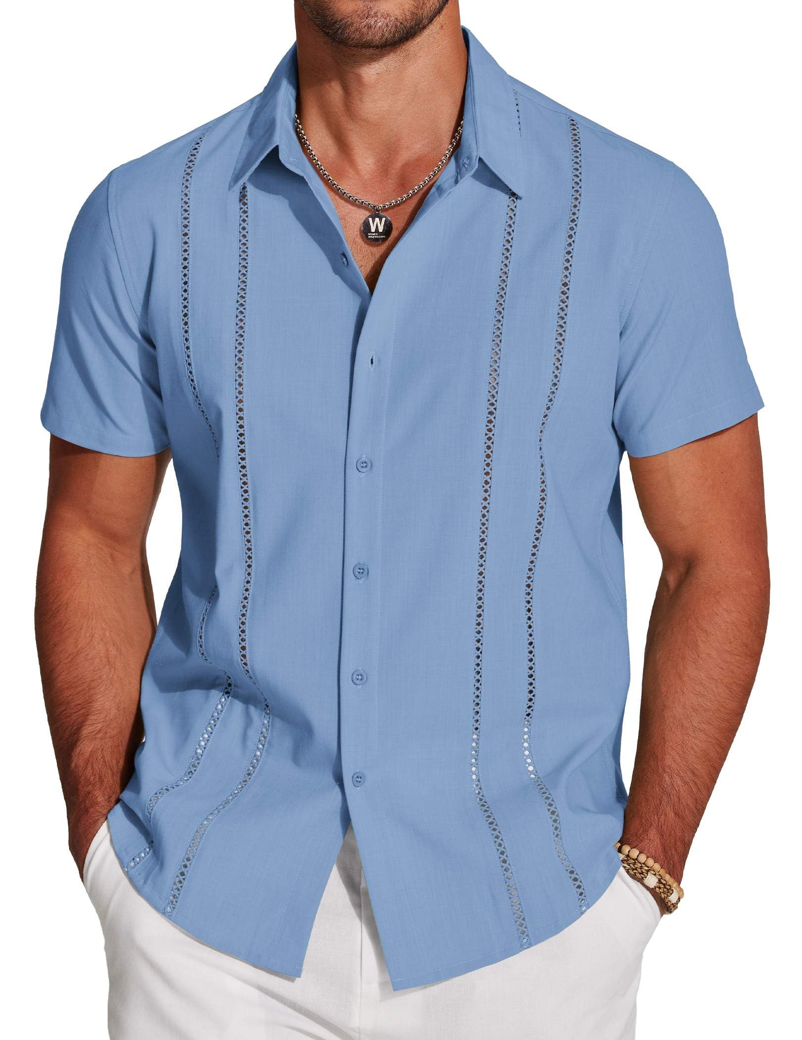 COOFANDY Men's Cuban Guayabera Shirt Short Sleeve Button Down Shirts Casual Summ