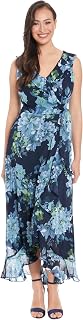 London Times Women's Sleeveless Ruffle Detail Faux Wrap Tie Midi Dress
