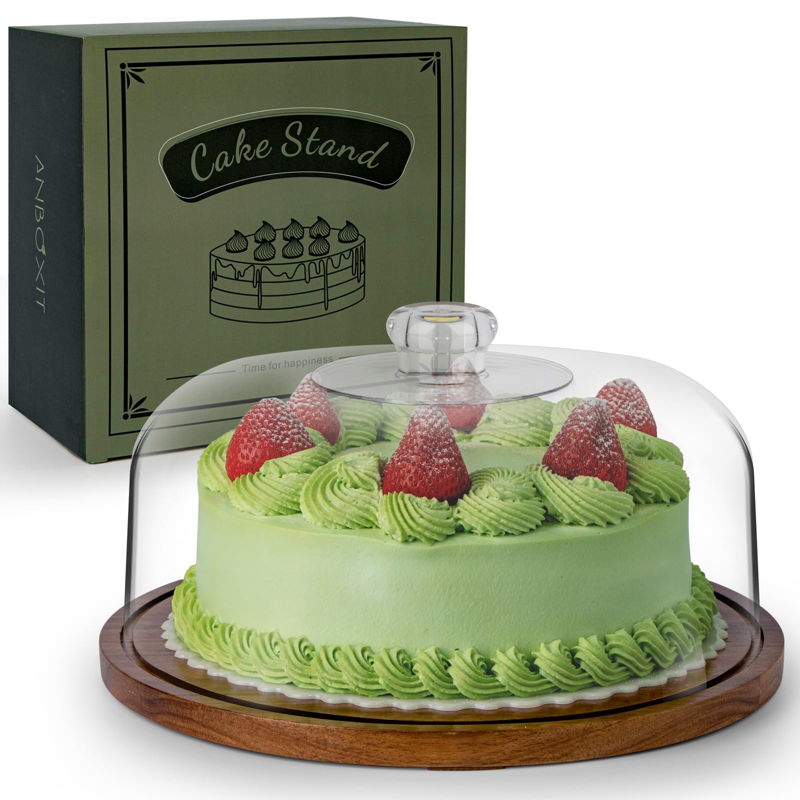 ANBOXIT Cake Stand with Dome Lid, Acacia Wood Cake Plate with Cover
