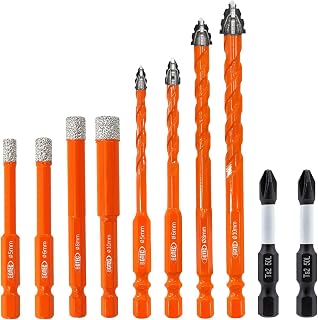 BGTEC Serrated Carbide Masonry Drill Bit Set 10PCS - 5/6/8/10MM Wood Bits & 5/6/8/10MM Diamond bits with PH2 Screwdriver Bit for Wood Plastic Masonry Brick Tile Glass Concrete Marble