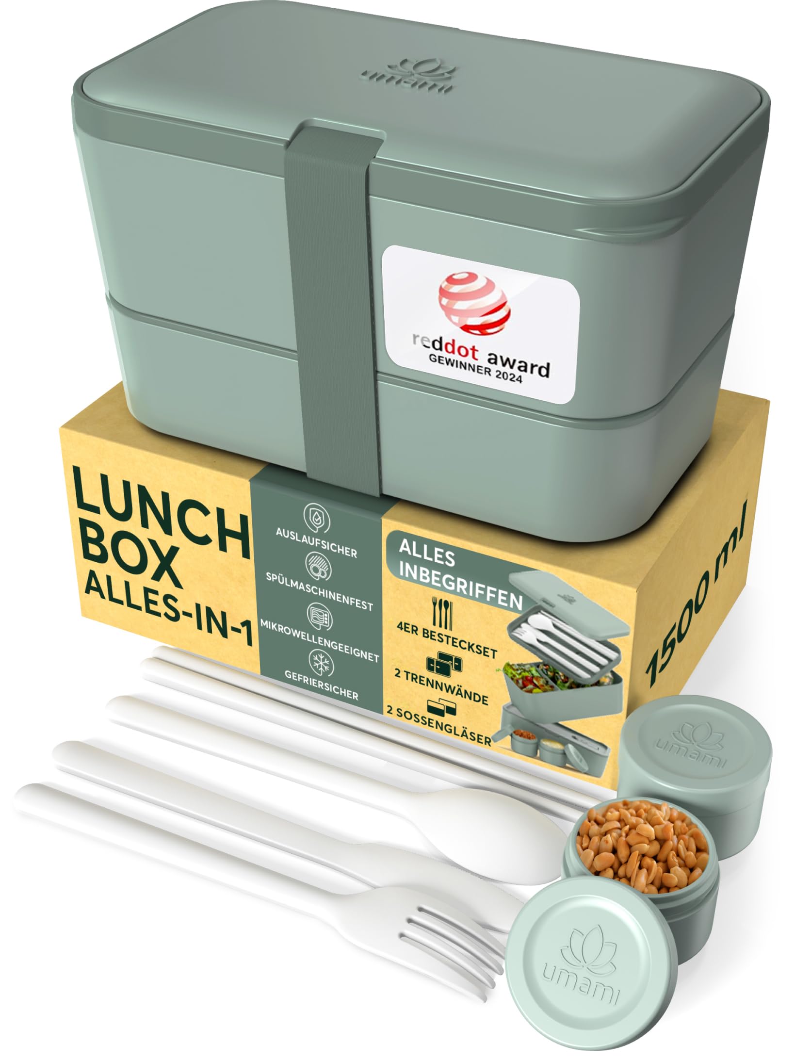 Umami Lunchbox Erwachsene, auslaufsicher, bento box Fächern & 4 Bestecke