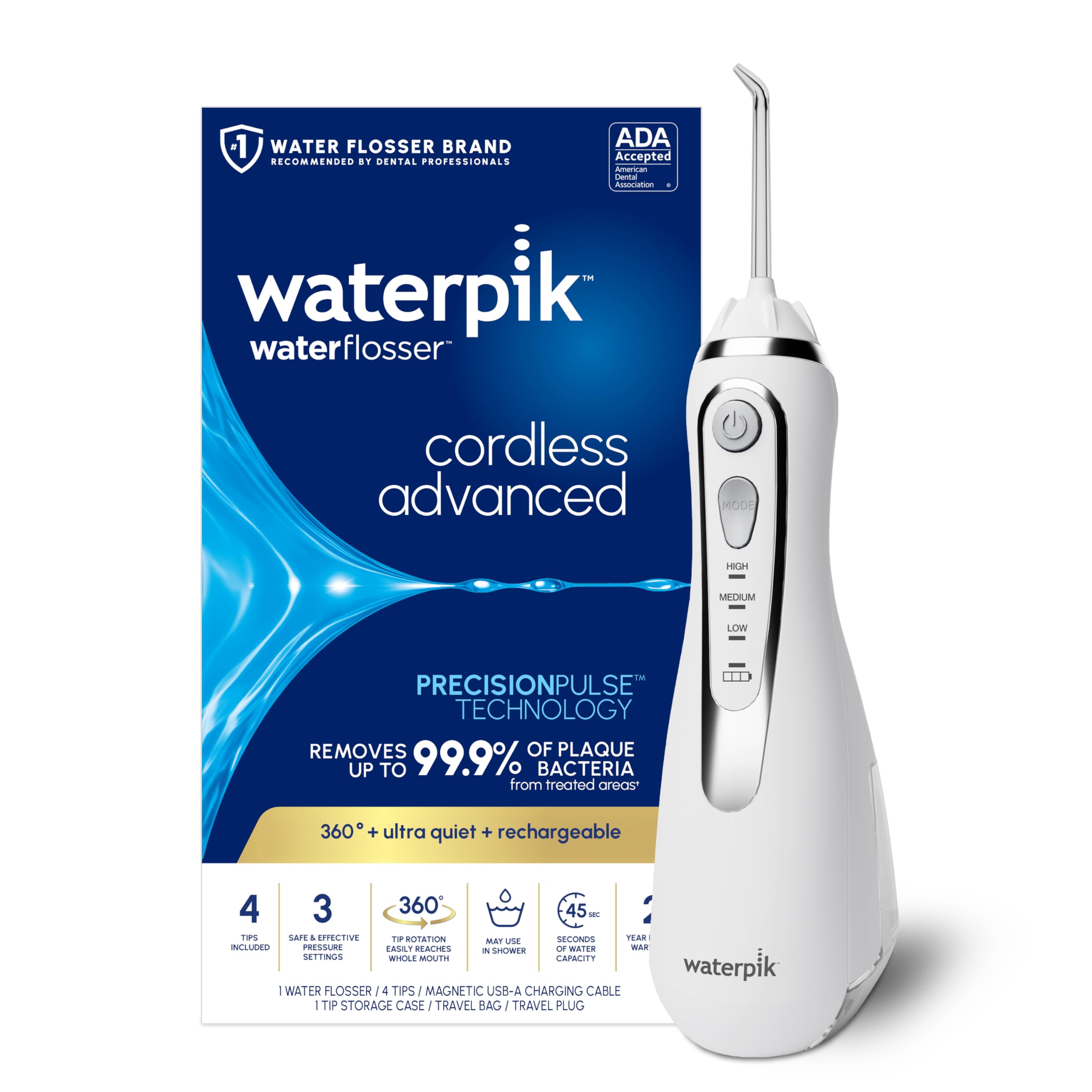 Waterpik Cordless Advanced Portable Water Flosser, Rechargeable, White | 3 Setti