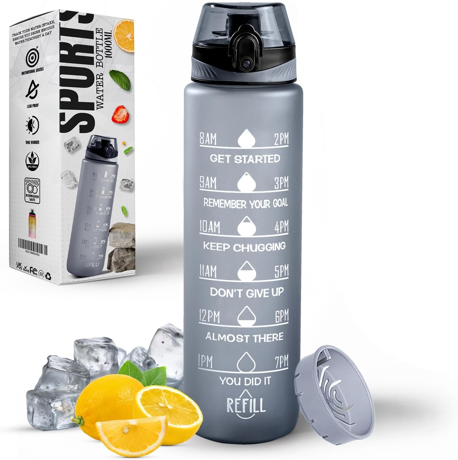 Roe Tenpo Water Bottle 1L, Sports Water Bottle with Time Markings, BPA-Free, Lea