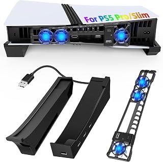 FASTSNAIL Horizontal Stand & Cooling Fan for PS5 Pro/Slim Console - Black | Cooling Stand with Auto 3 Fans Speed by Temperature, Controller Charging Station, USB Hub 4 Port for PS5 Slim/Pro Accessories