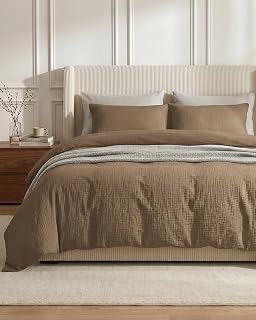 SE SOFTEXLY Muslin Duvet Cover Queen Size, 100% Washed Cotton Duvet Cover Set, Ultra Soft Comforter Cover Linen Like, 3 Pieces Minimalist Gauze Duvet Cover with 2 Pillowcases, 90"x90", Light Brown