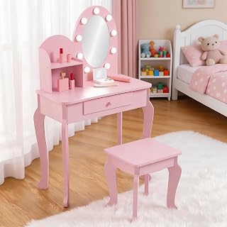 3 Light Modes Kids Vanity Table Set Wooden with Matching Stool, White | integrated lighted mirror, storage drawers and matching stool, wooden frame, easy to assemble, suitable for girls 4 to 9 year