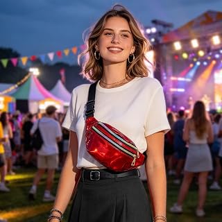 Fanny Pack For Women Holographic Crossbody Waist Bag Waterproof Waist Packs Adjustable Belt Laser Hip Bag Fashion Sports PU Shiny Fanny Bag-Red