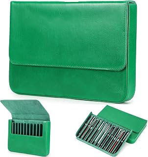 Top Grain Genuine Leather 12 Pen/Pencil Tray Case Holder, Minimalist Fashion Design No Logo, Handmade, Magnetic Closure with Drawer, Gift Choice for Man/Woman/Office, Glossy Green, 12 Slots