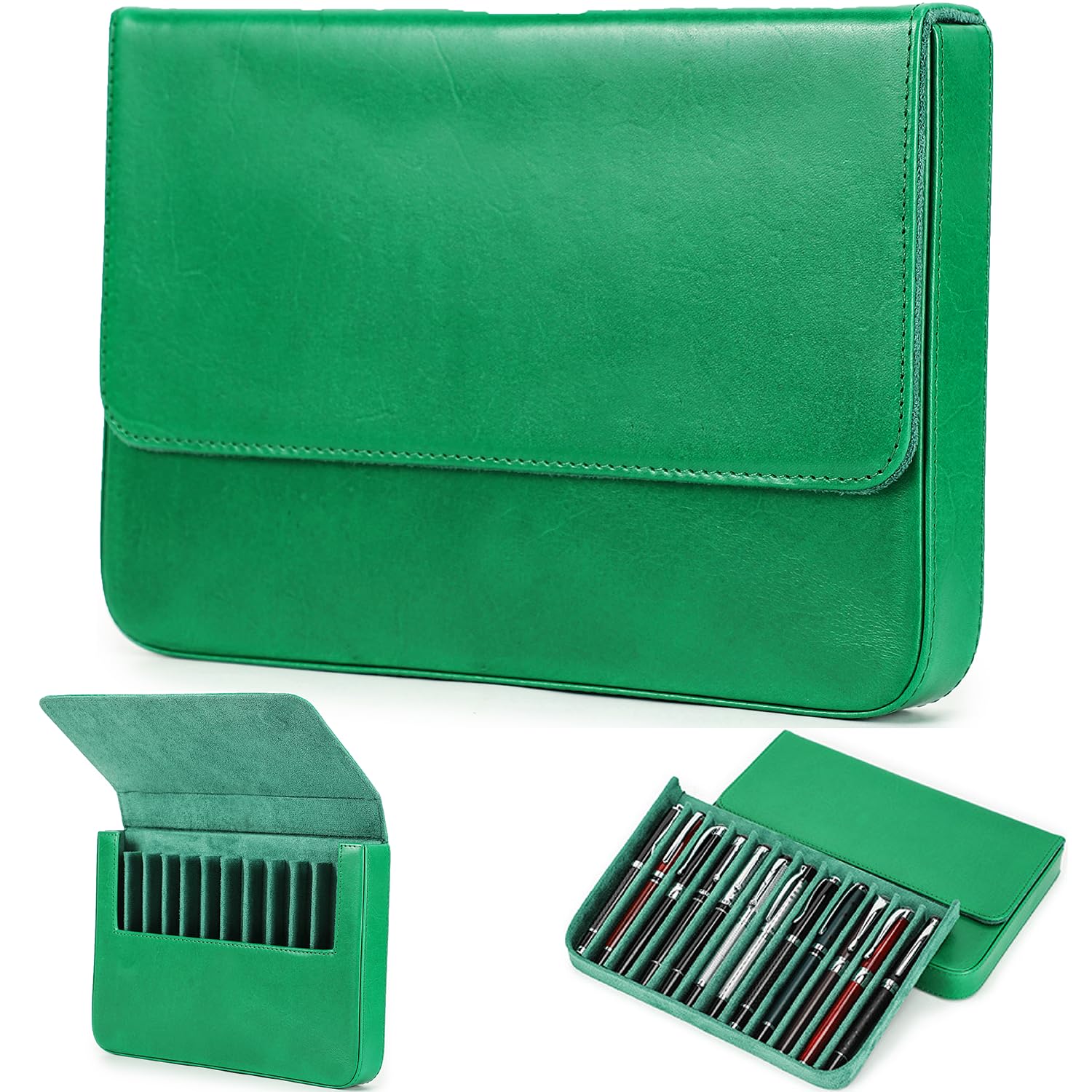 Top Grain Genuine Leather 12 Pen/Pencil Tray Case Holder, Minimalist Fashion Des
