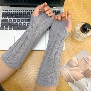 Solid Knit Striped Sleeve Gloves Autumn Winter Arm Warmer JK Long Fingerless Mittens