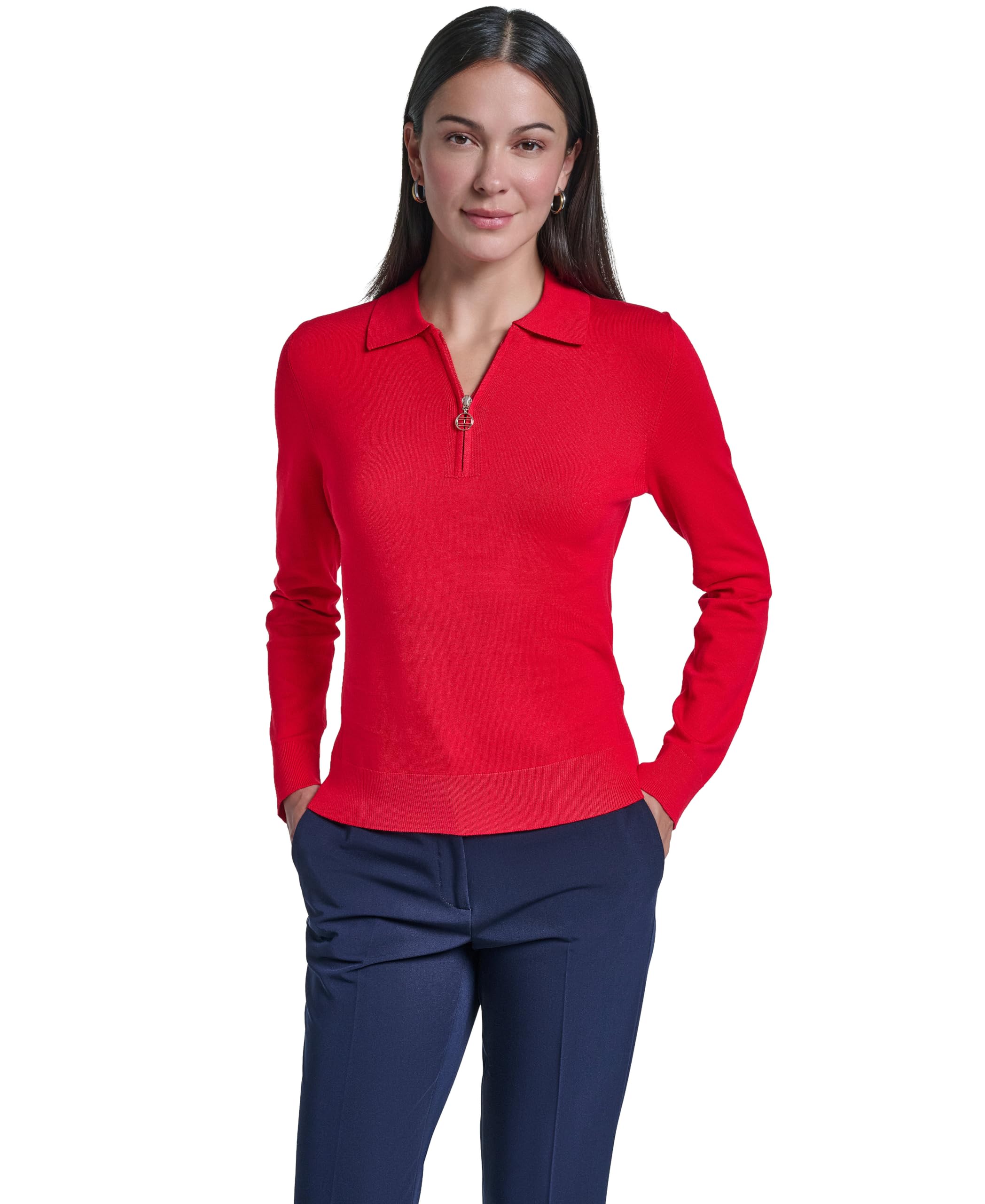 Tommy Hilfiger Women's Solid Long Sleeve Polo 1/4 Zip Sweater Sweater (Pack of 1