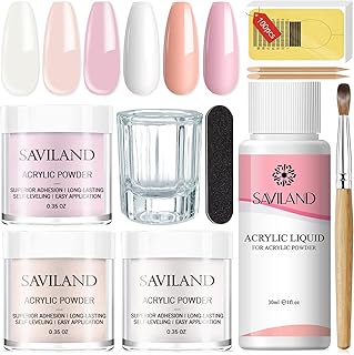 Saviland Acrylic Nail Starter Kit: Clear Pink Nude | Acrylic Powder & Liquid, Brush, Files, Forms, Press On Nails, Home Practice Set