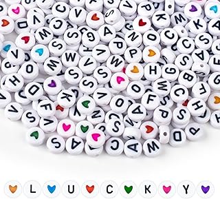 SUTOUG 1000PCS Letter Beads, White Alphabet Beads and Colorful Heart Beads | 4x7mm A-Z Round Acrylic Beads for Threading, Ideal for for Jewellery DIY Making Crafts Bracelets Necklaces Ornaments Penda
