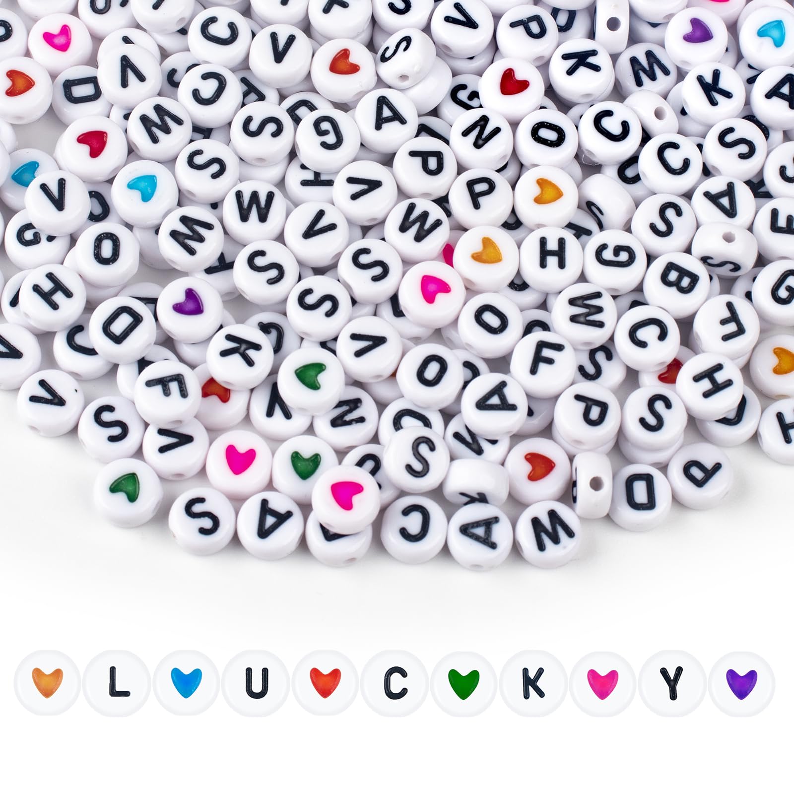 SUTOUG 1000PCS Letter Beads, White Alphabet Beads and Colorful Heart Beads | 4x7