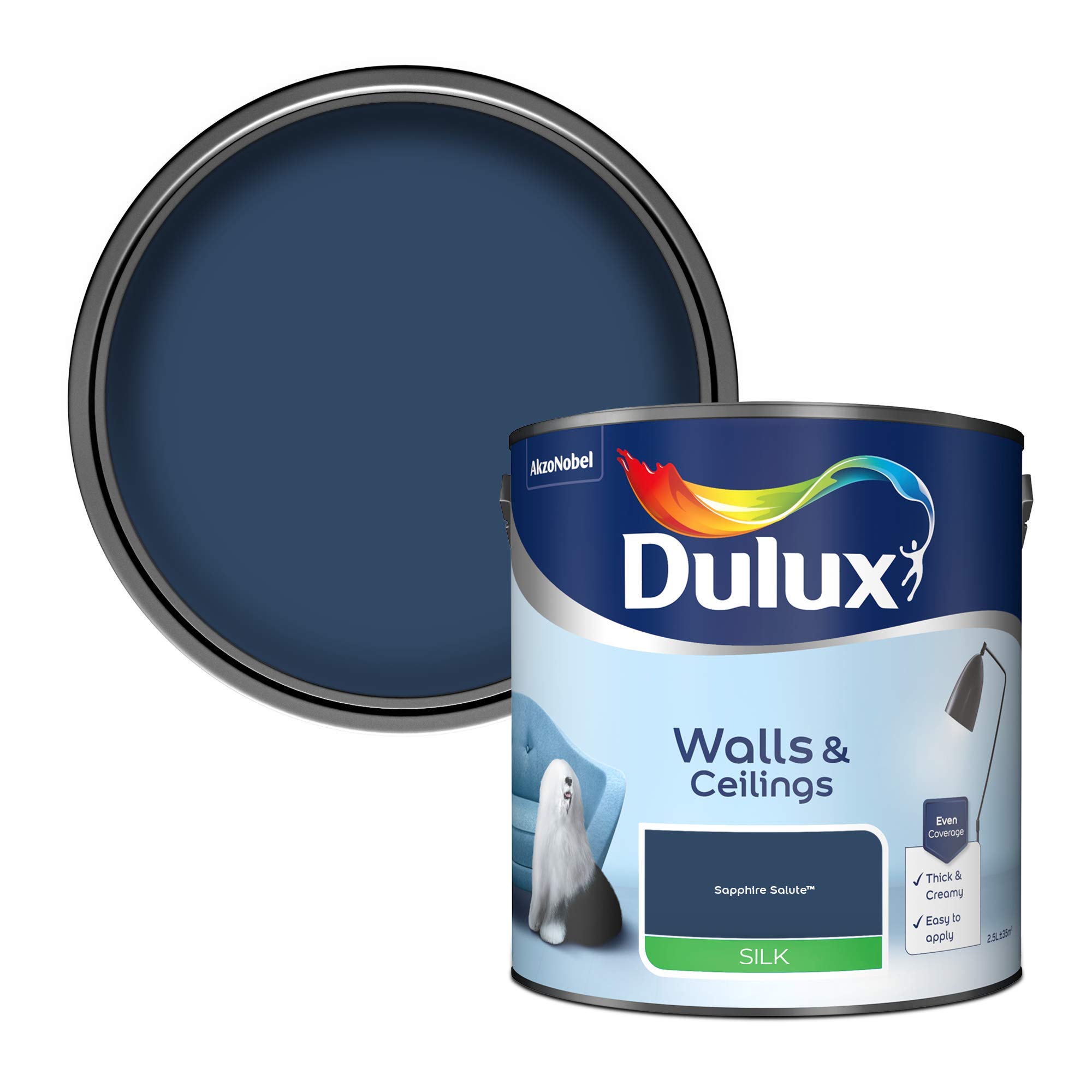 Dulux 5293121 Walls & Ceilings Silk Emulsion Paint, Sapphire Salute, 2.5 Litres