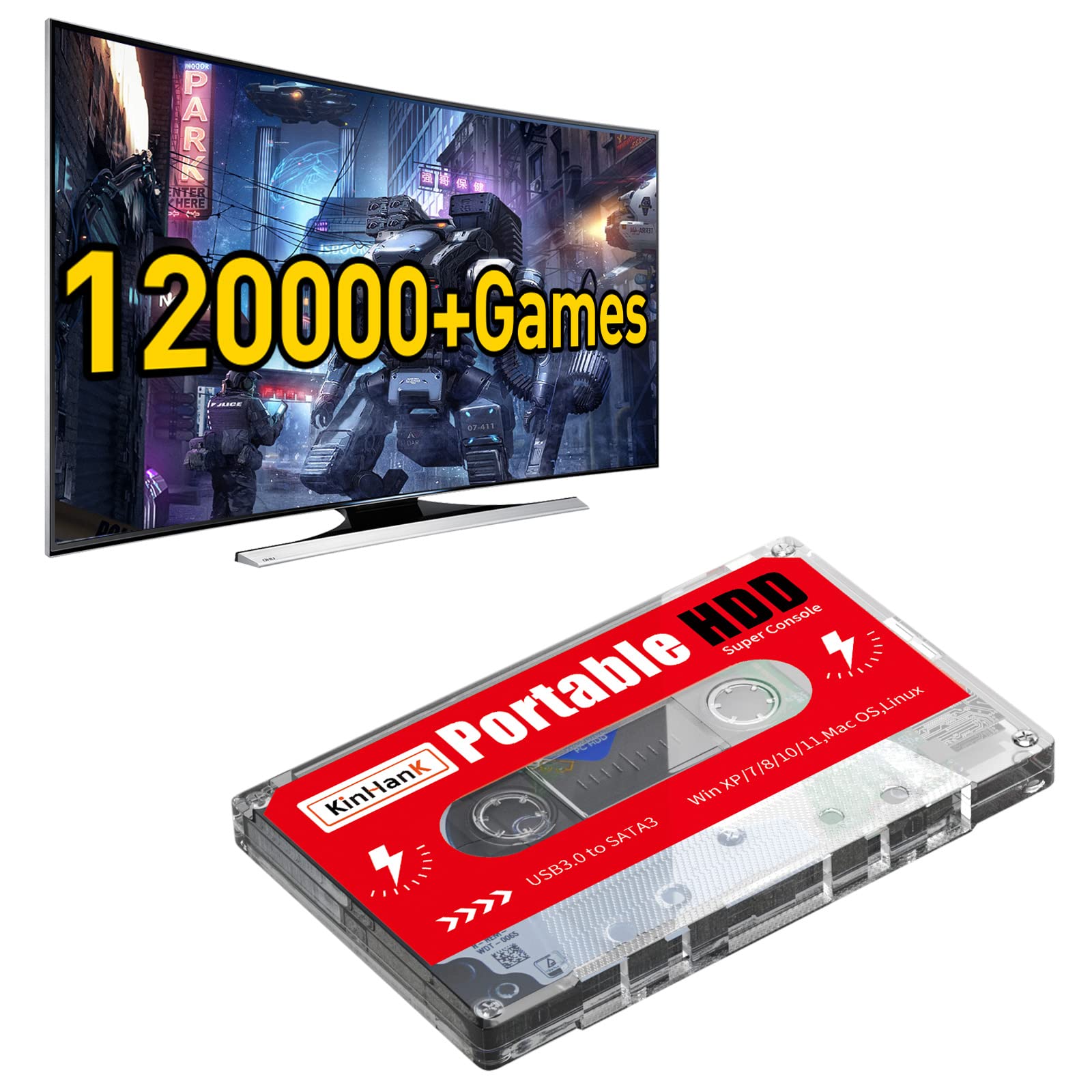 Kinhank 2TB Game Hard Drive, Built-in 120000+ Games, Batocera 33 System, Externa