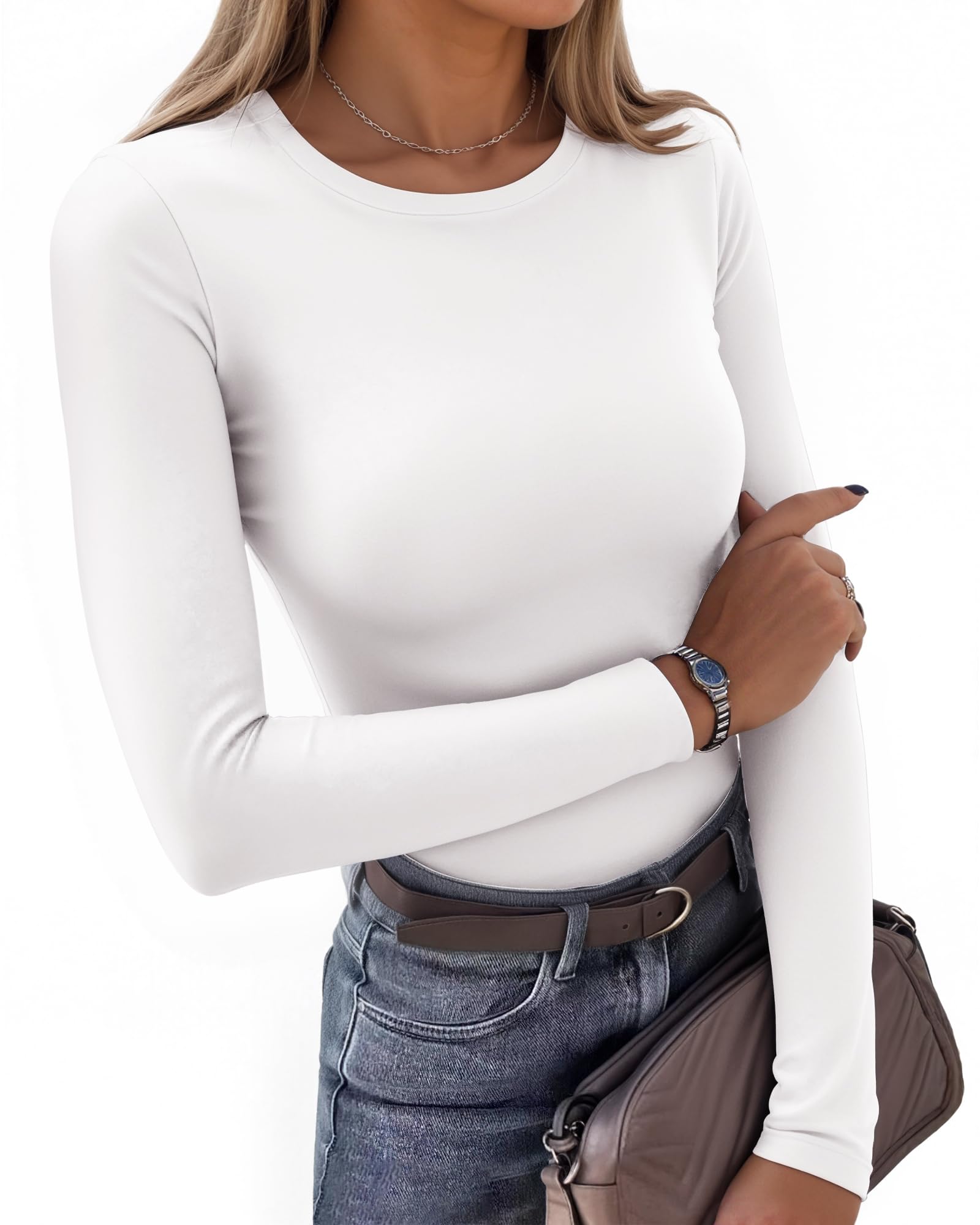 Women's Round Neck Shirts Long Sleeve Slim Fit T Shirts Basic Tops