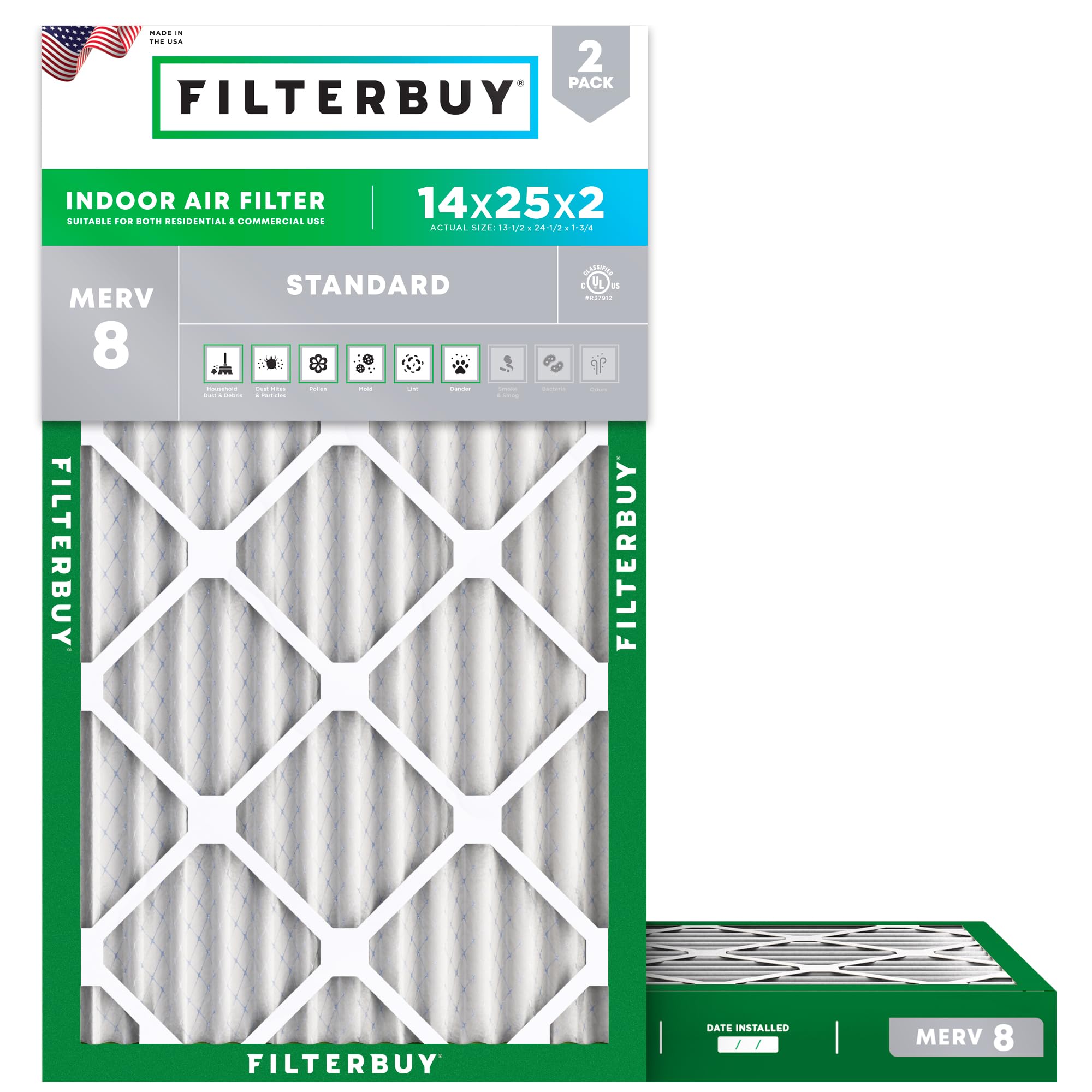 Filterbuy 14x25x2 Air Filter MERV 8 Dust & Allergy Defense (2-Pack)
