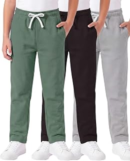 Real Essentials 3枚パック:ボーイズ コットン フリース スウェットパンツ - オープンボトム アスレチックパンツ ポケット付き ティーン&キッズ (サイズ 4-18)