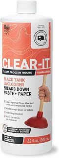 Unique Clear-It Liquid RV Black Tank Unclogger, 32 oz | Breaks through pyramid plugs, compacted waste, &amp; clogged pipes; RV tank blockage remover with no messy tools
