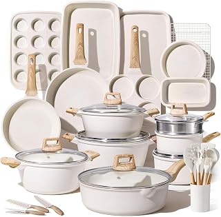 CAROTE 44pcs Pots and Pans, Nonstick Cookware Sets with Bakeware | Induction Cooking Set with Kitchen Knife Set & Egg Pan, Durable, Easy Clean, Even Heating